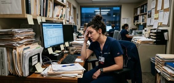 A tired nurse at a desk covered in paperwork