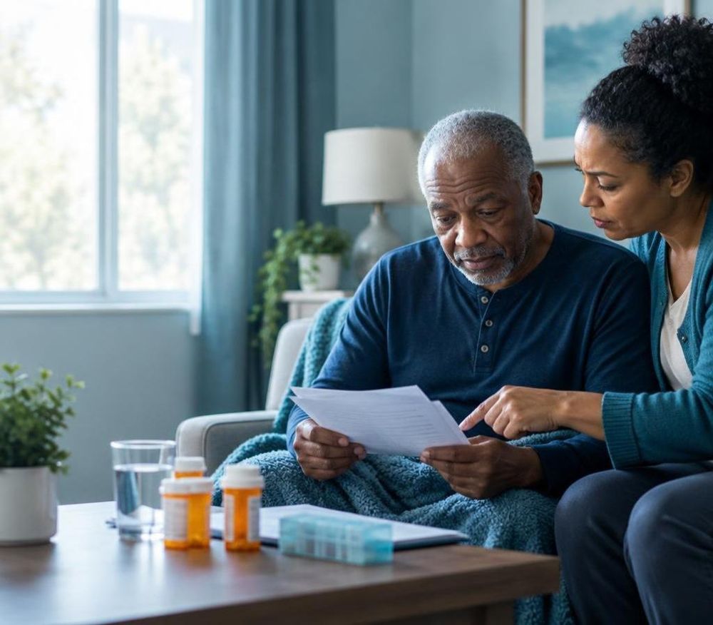 An older man at home reviewing discharge papers and medications with a family caregiver