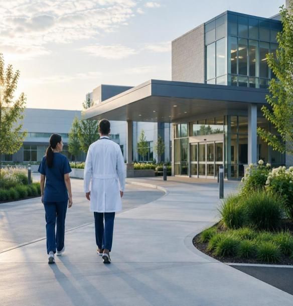 Clinicians walking toward a modern hospital entrance