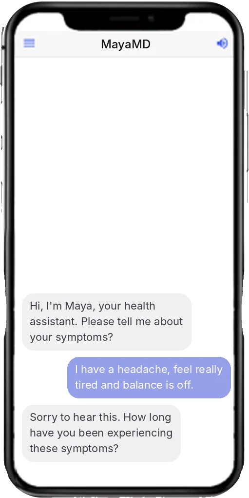The MayaMD app on an iPhone, guiding a patient through their care conversation