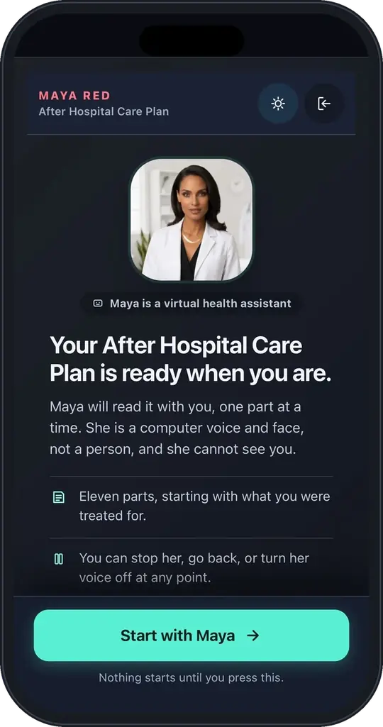 MayaRED on a phone: the After Hospital Care Plan screen, where Maya, a virtual health assistant, reads the plan with the patient one part at a time