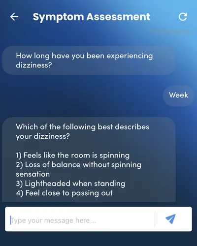 MayaMD app symptom chat where a patient logs how long and how their symptoms feel