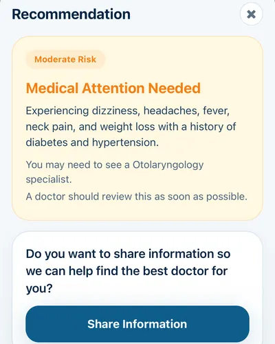 MayaMD app summary flagging that a doctor should review symptoms soon, with a button to share information