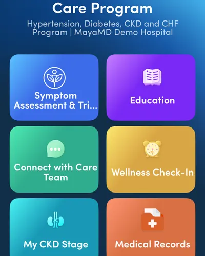MayaMD app Care Program screen with symptoms, education, check-ins and medical records in one place