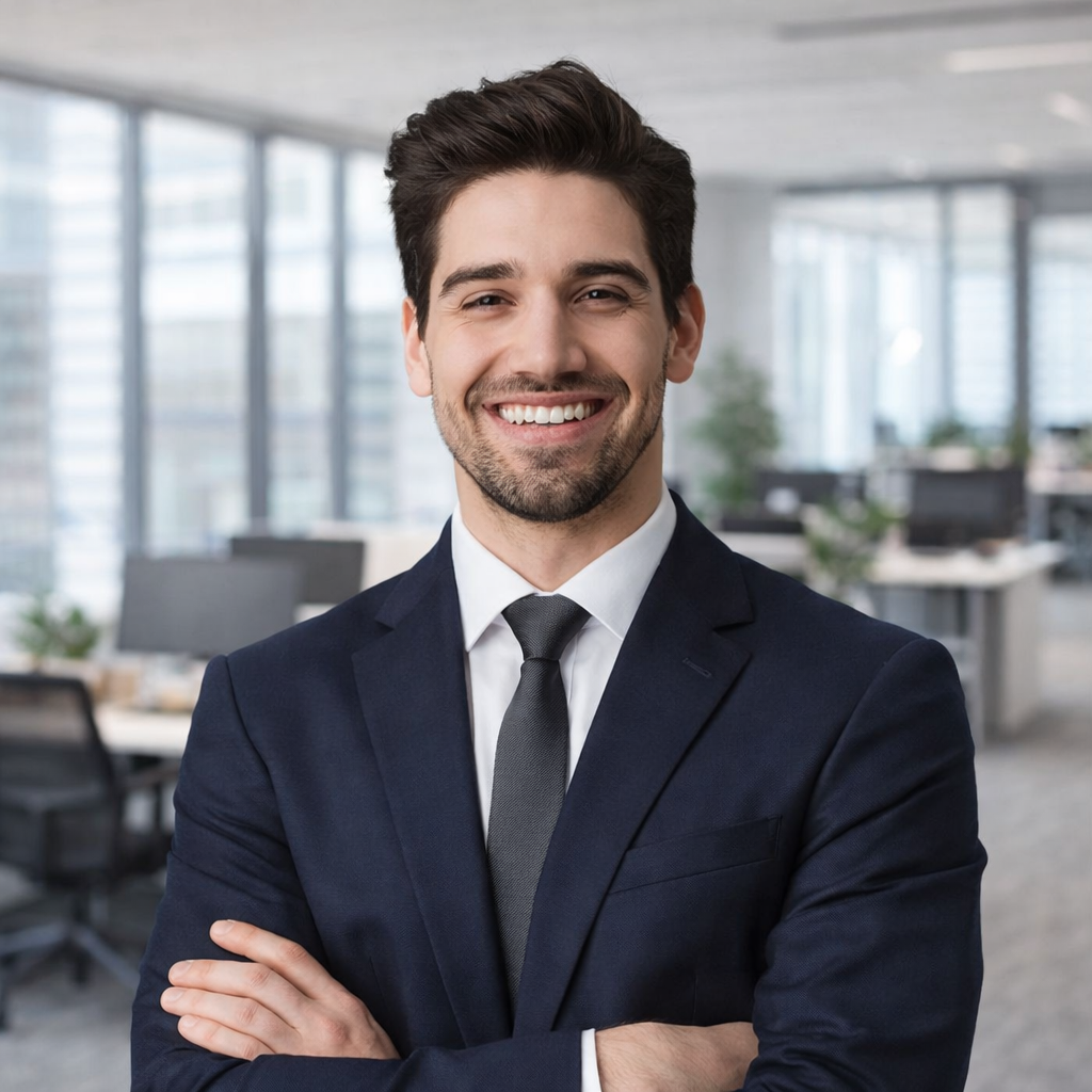 Smiling man in a navy suit and black tie standing with arms crossed in a modern office.