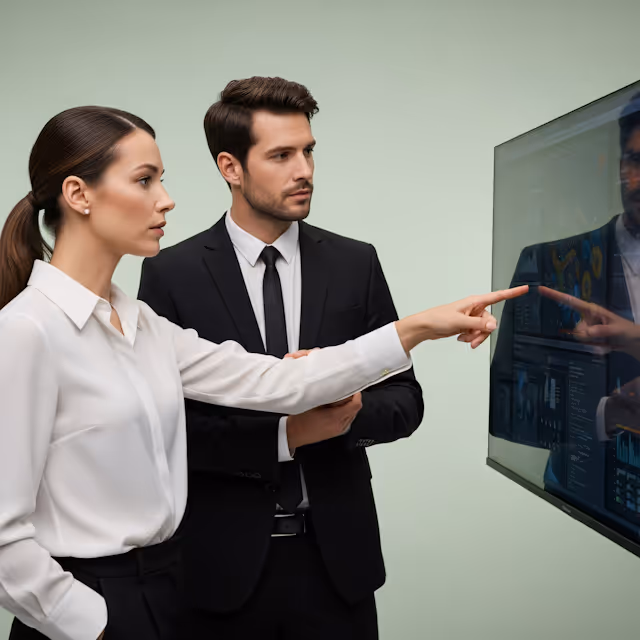 Two business professionals, a woman and a man in formal attire, attentively examining data charts on a large screen with the woman pointing at the display.