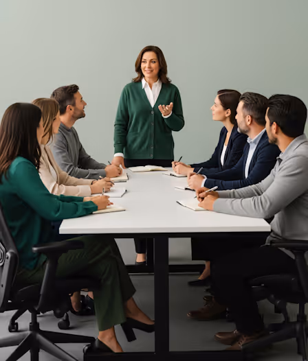 A woman stands and speaks to six colleagues seated around a white meeting table, all taking notes during a team discussion.