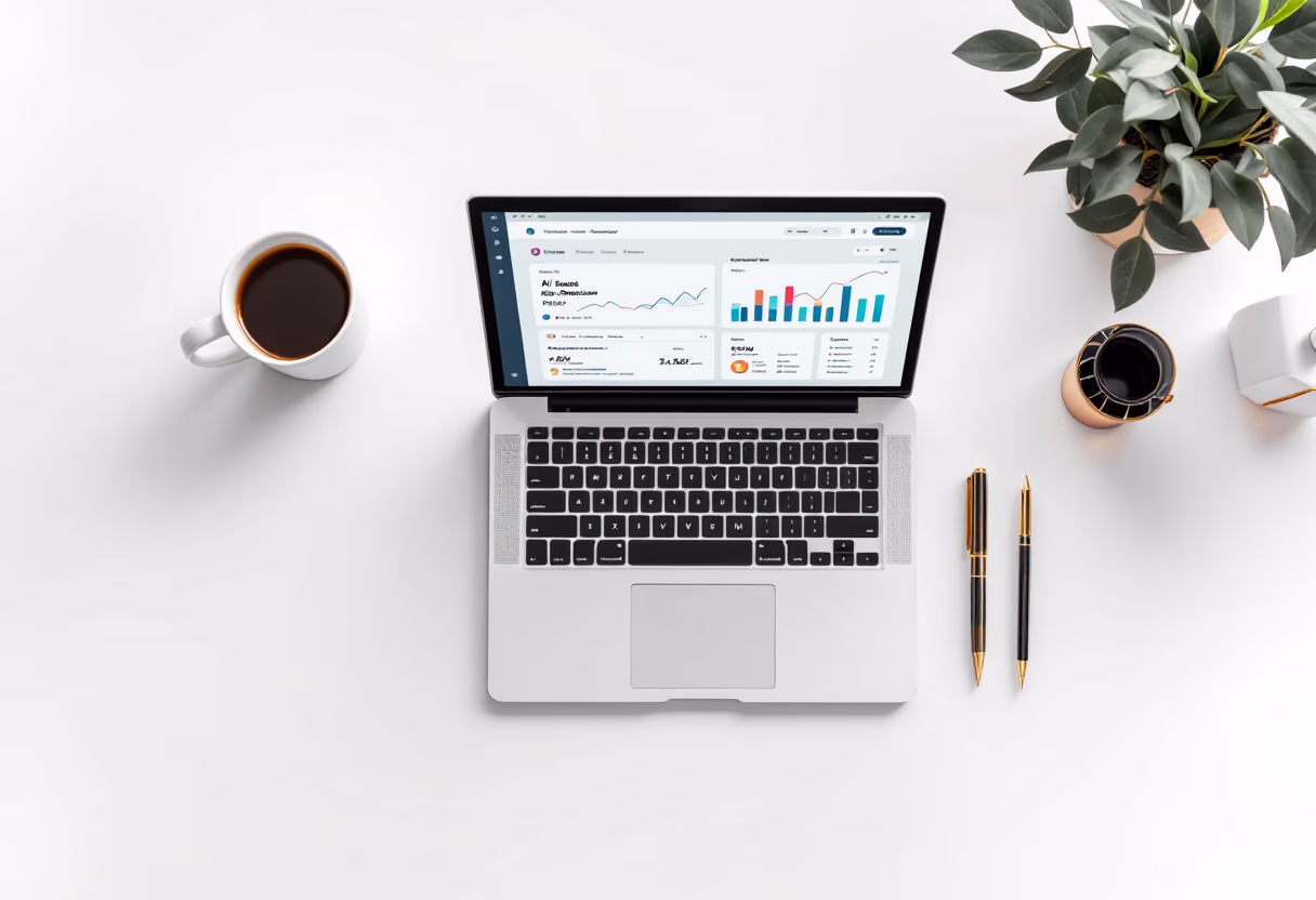 [background image] topdown photo of a desk with a laptop and a coffee cup (for an ai cybersecurity company)