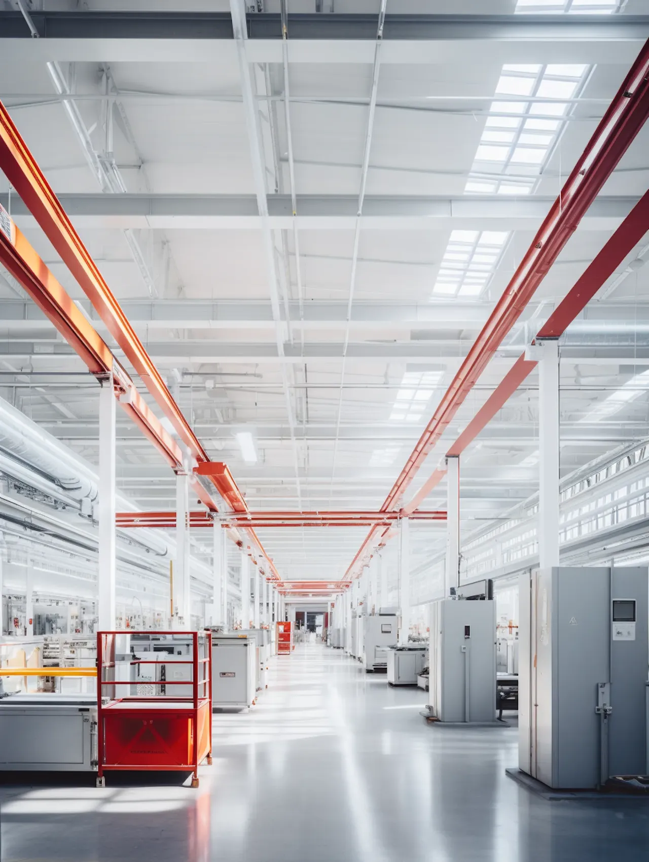 Moderne, helle Produktionshalle mit roten Deckenträgern und Maschinen.