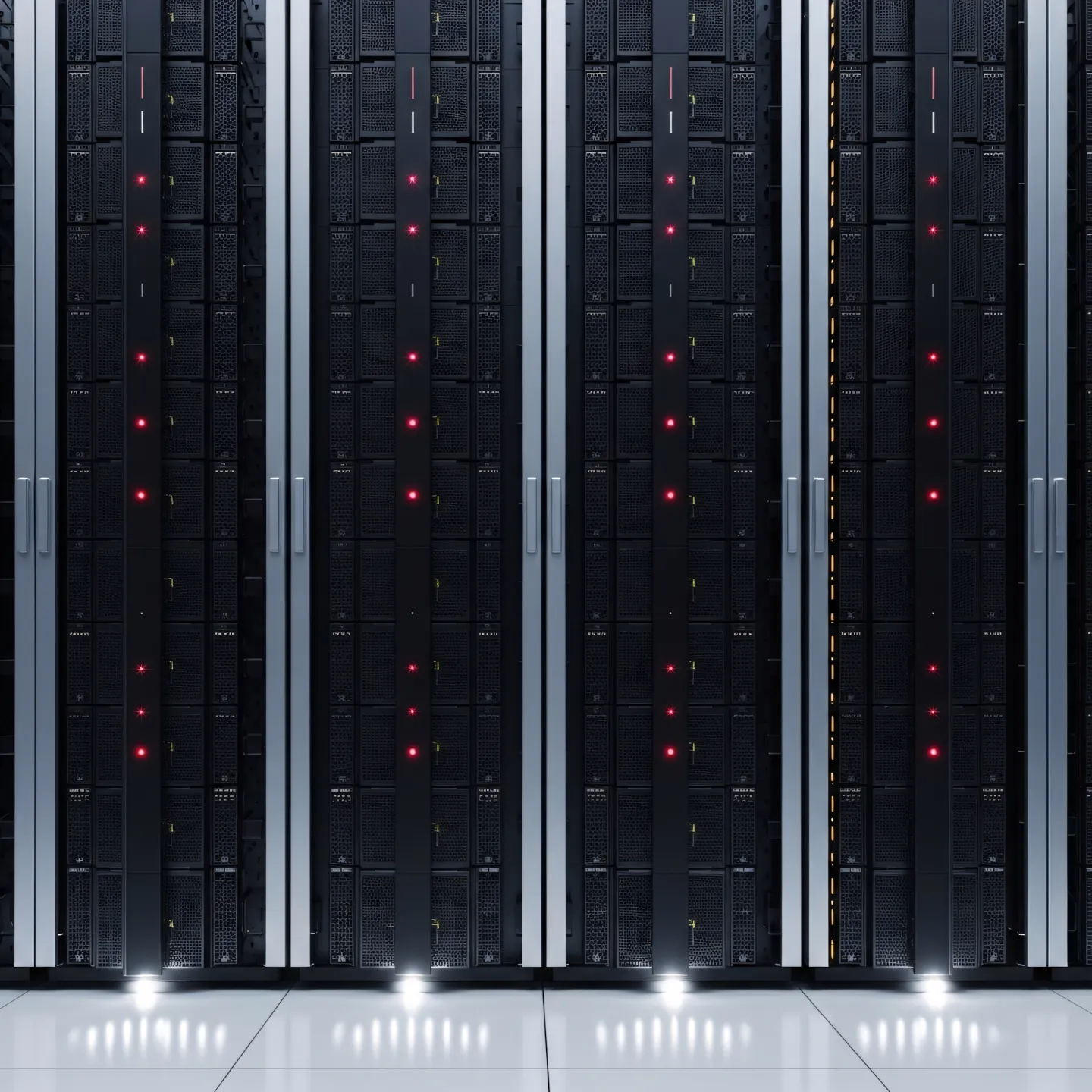 Rückansicht von Datenserver-Racks mit leuchtenden roten Statusanzeigen in einem Rechenzentrum.