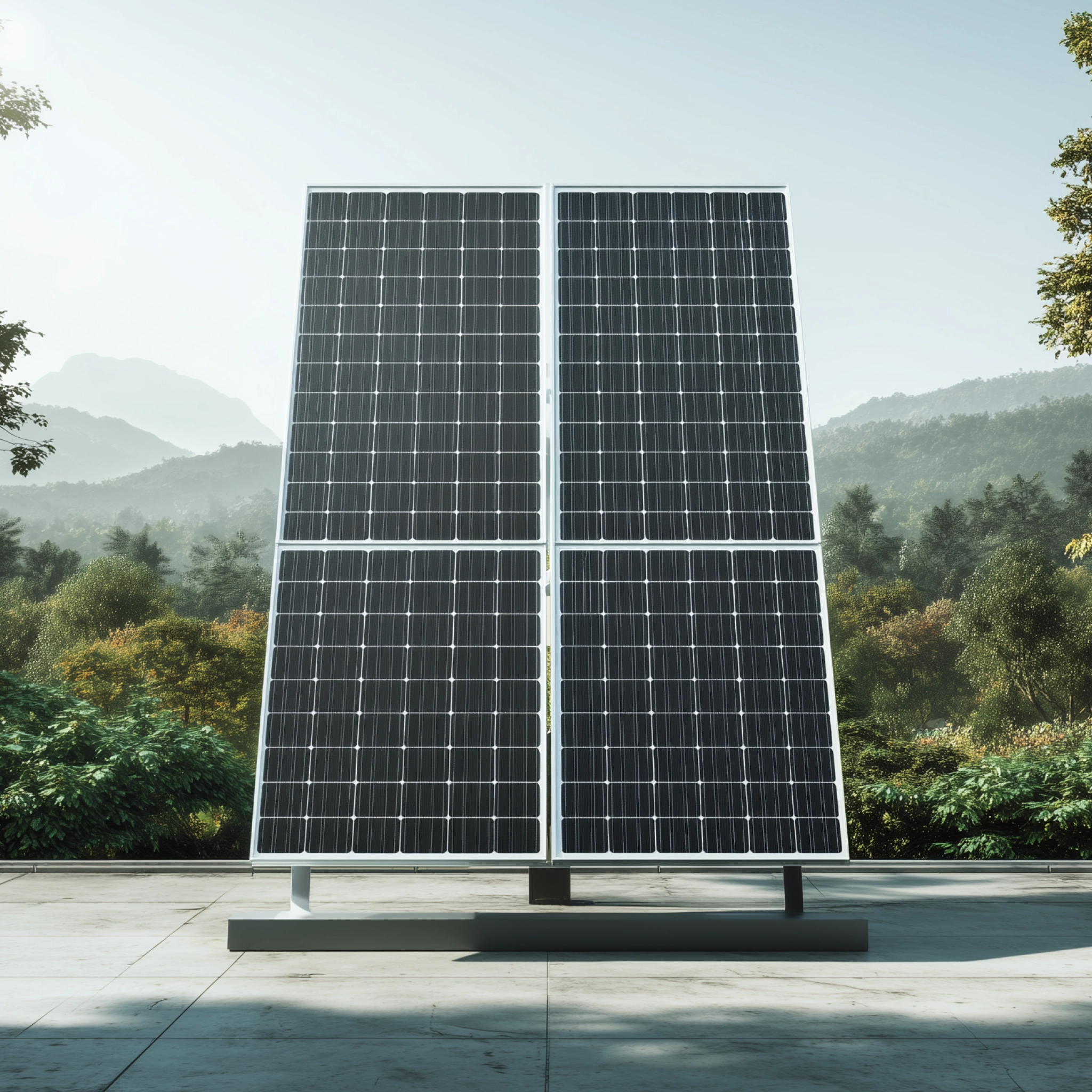 Solarmodul mit vier Paneelen auf Betonboden vor bewaldeten Hügeln und klarem Himmel.