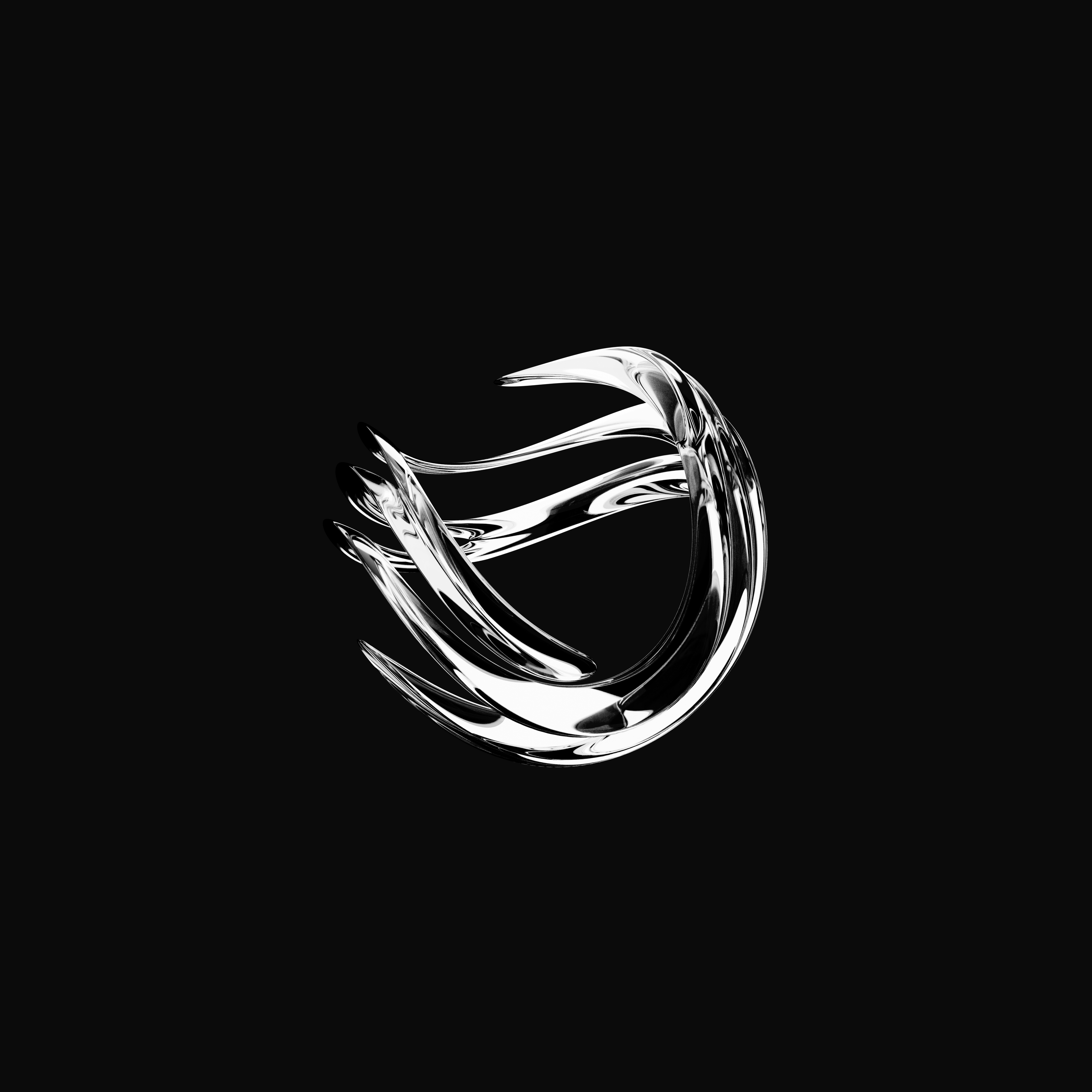 Abstrakte, gebogene silberne Glasstruktur auf schwarzem Hintergrund.