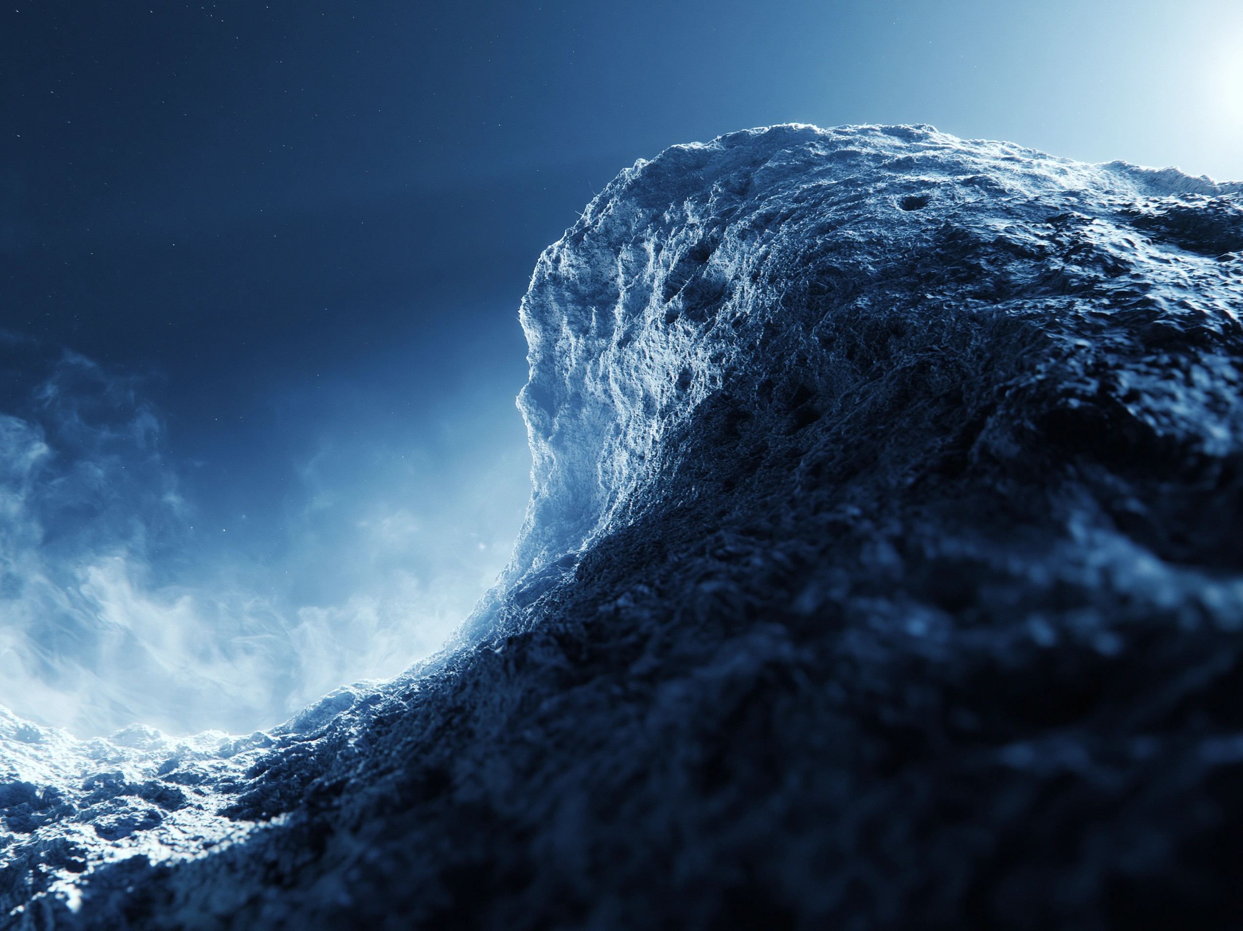 Nahaufnahme eines grob strukturierten Asteroiden vor einem blauen Weltraumhintergrund.