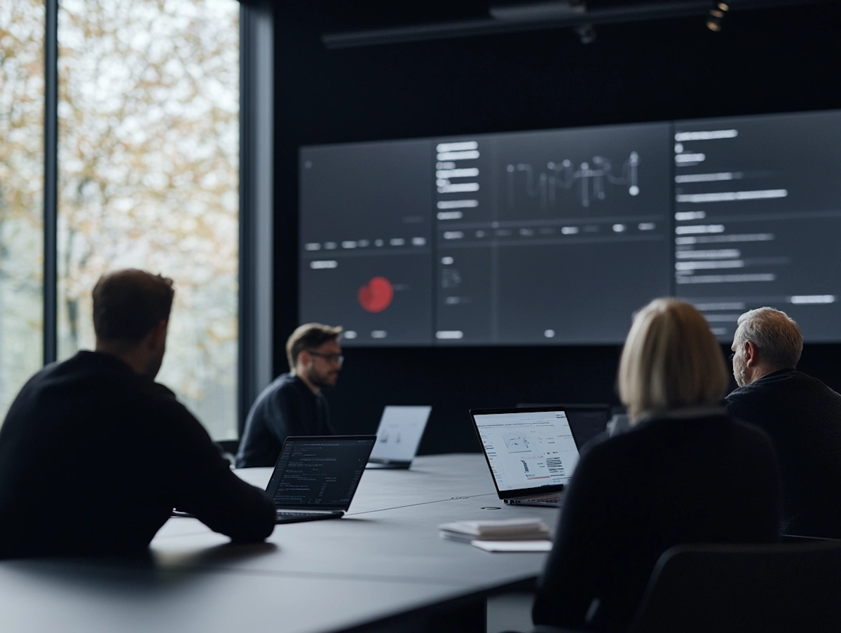 Vier Personen besprechen Marketing-Dashboards auf einem grossen Bildschirm in einem Meetingraum.