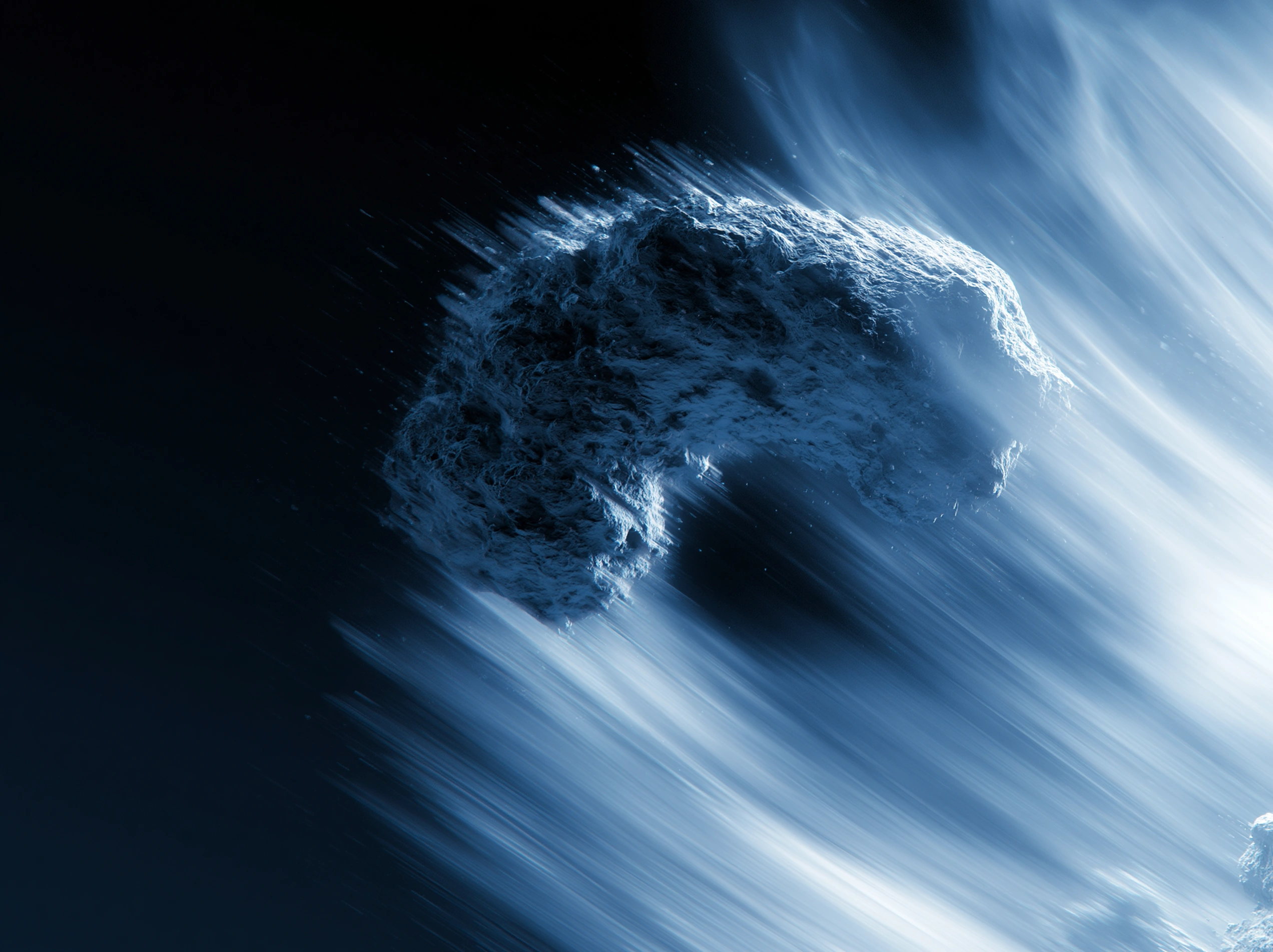 Asteroid flying through space with glowing blue streaks in the background.