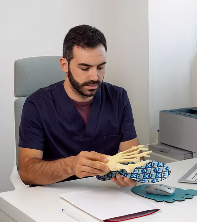 Man in navy medical scrubs examining a foot bone model while sitting at a desk with office supplies.