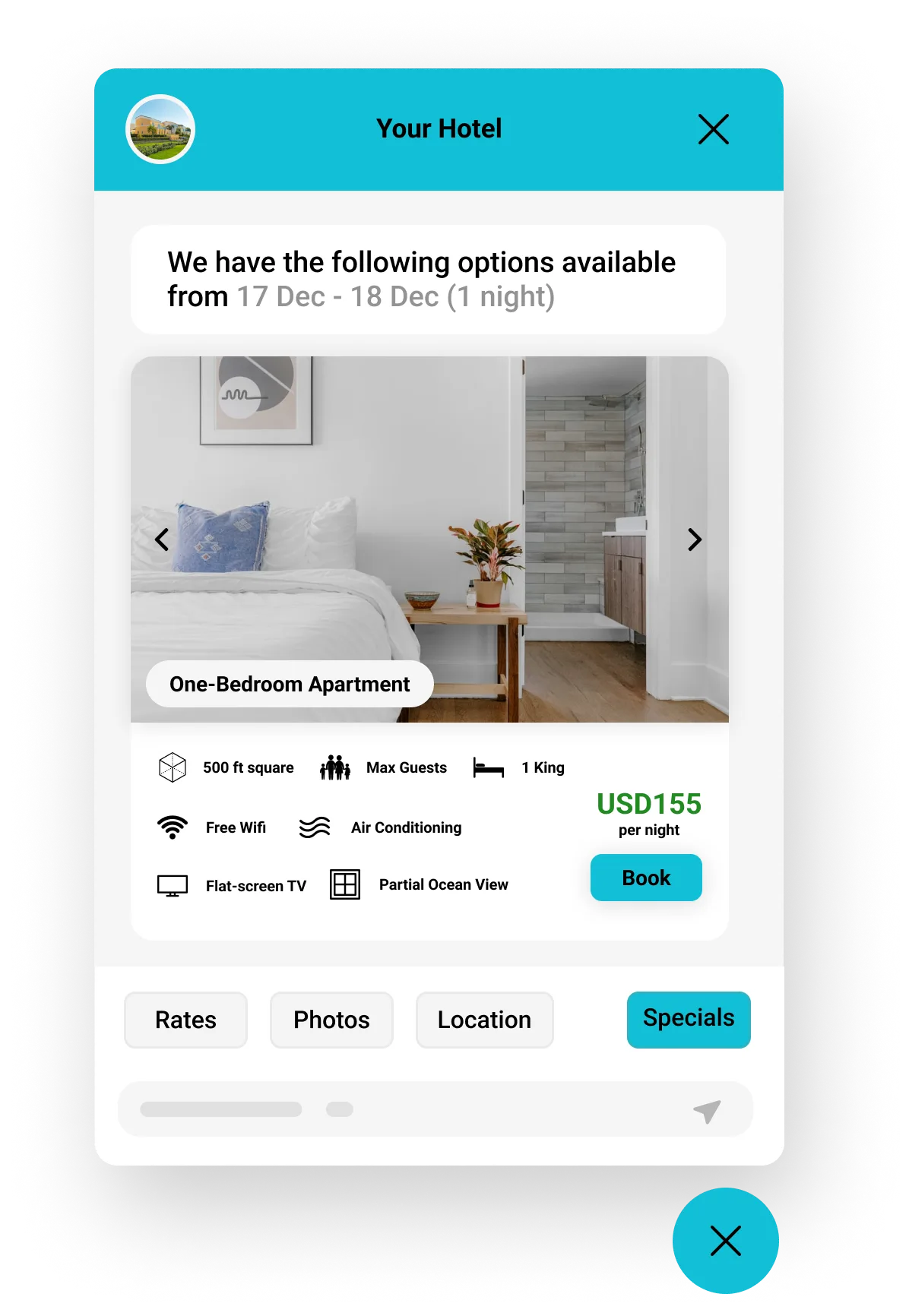 Rates and availability hotel chatbot widget
