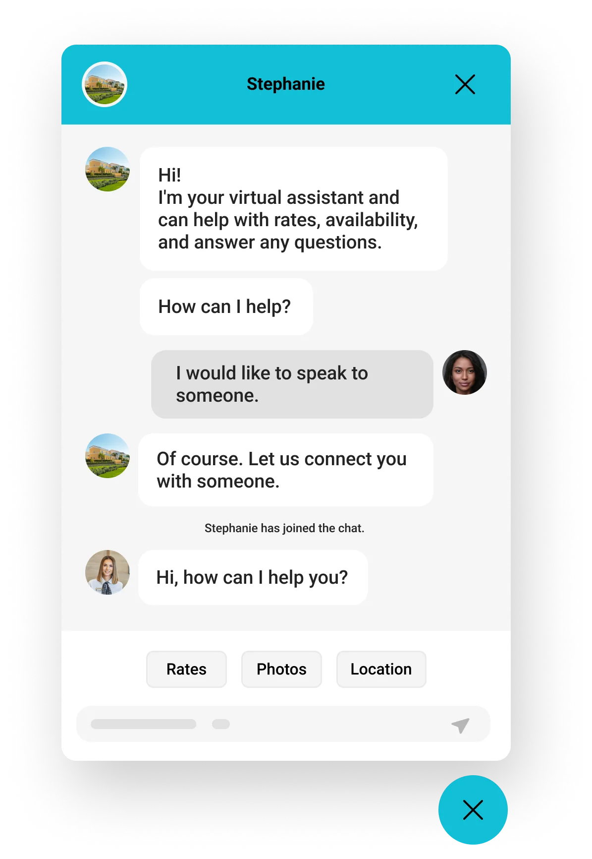 Live chat hotel chatbot widget