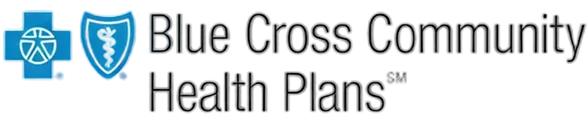 Blue Cross Community Health Plans logo with two blue shields, one featuring a white cross and the other a white caduceus.