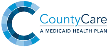CountyCare logo with a segmented blue letter C and the text 'CountyCare A Medicaid Health Plan'.