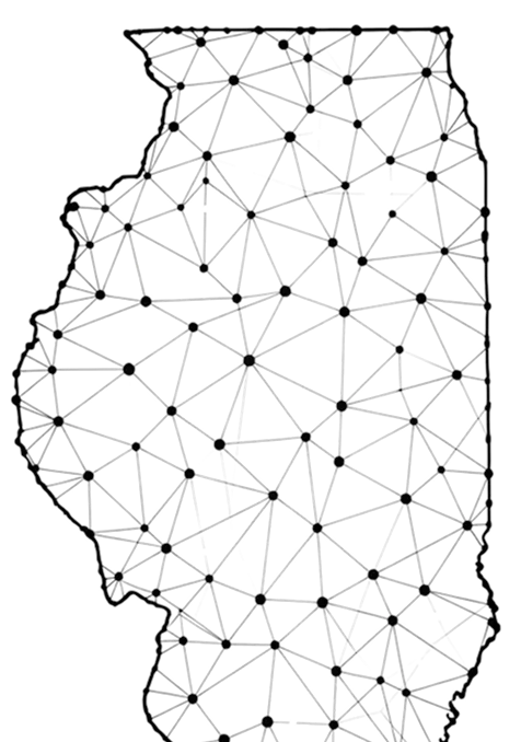 Abstract network map of Illinois state with interconnected black dots and lines.