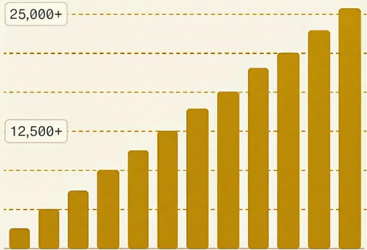 Bar graph showing a steady increase in value, surpassing 25,000 at the highest bar on the right.