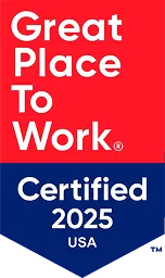 Great Place to Work Certified 2025 USA badge with red and blue background.