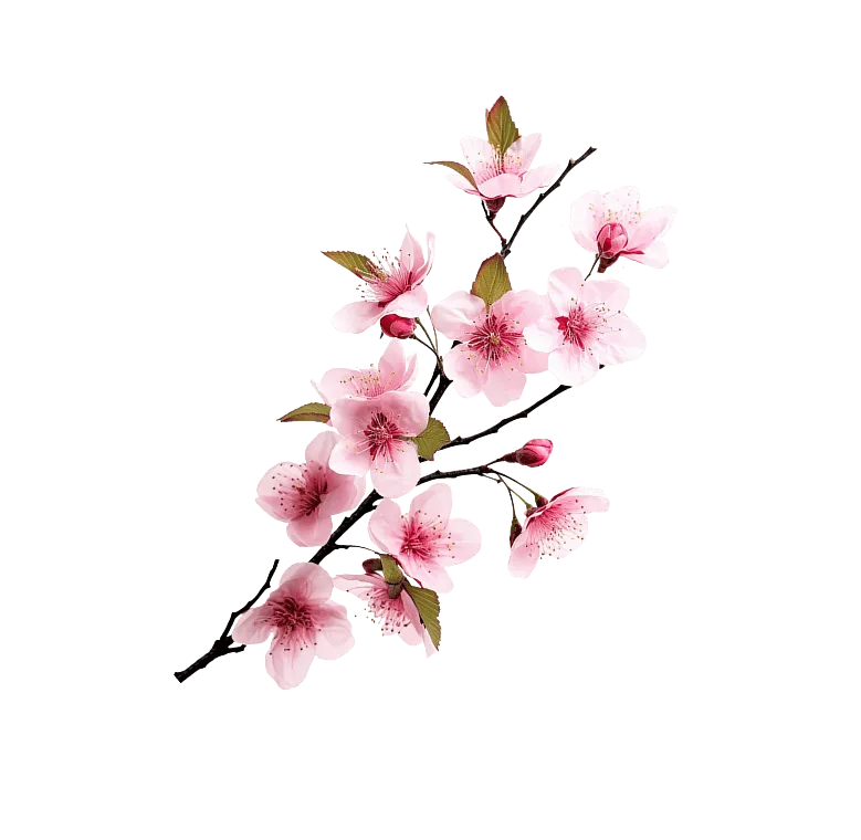 Branch of pink cherry blossom flowers with green leaves on a transparent background.