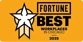 Fortune Best Workplaces in Chicago 2025 badge with a star emblem on an orange background.