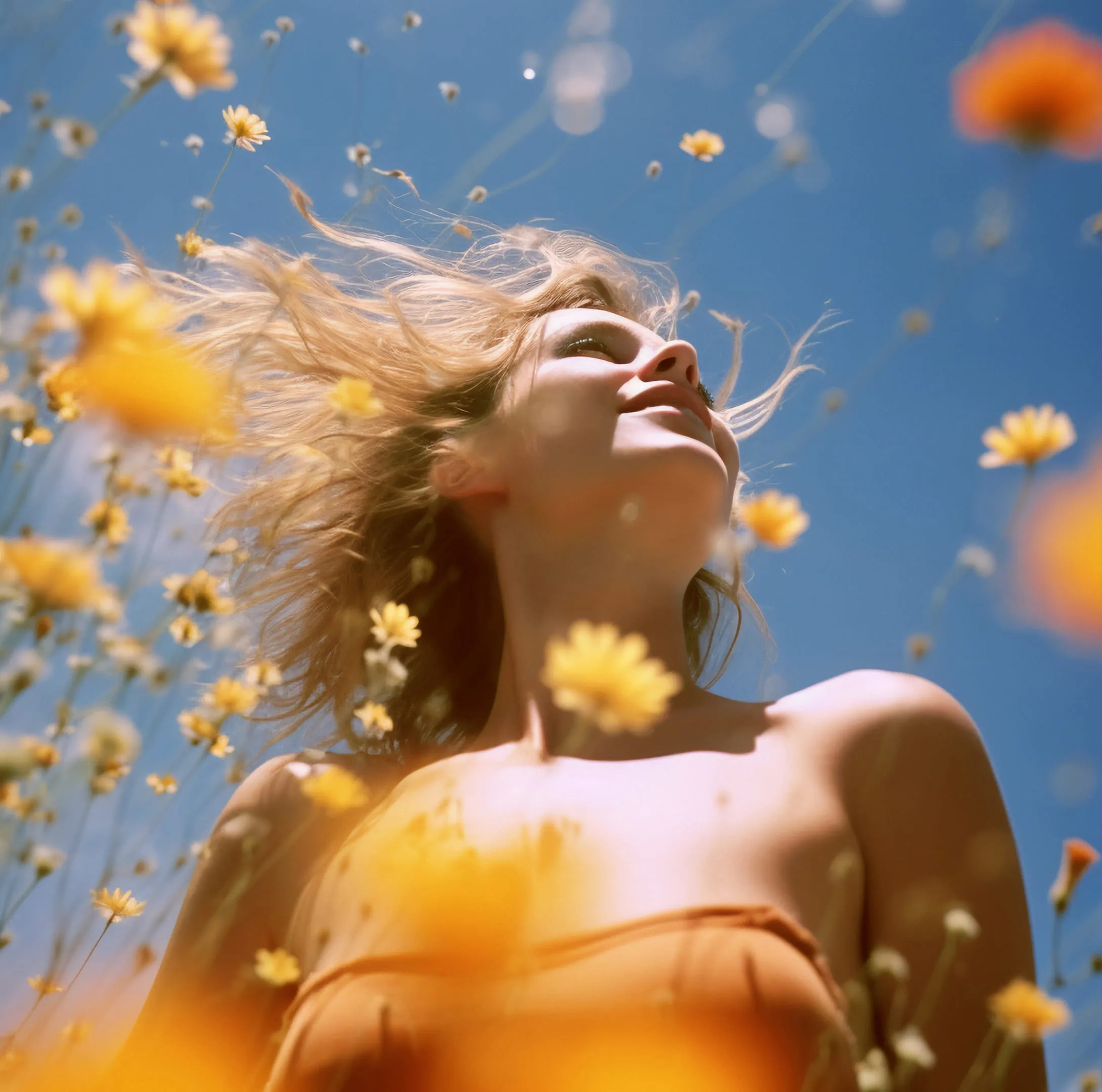 Smiling woman with blonde hair in an orange top among yellow wildflowers under a clear blue sky.