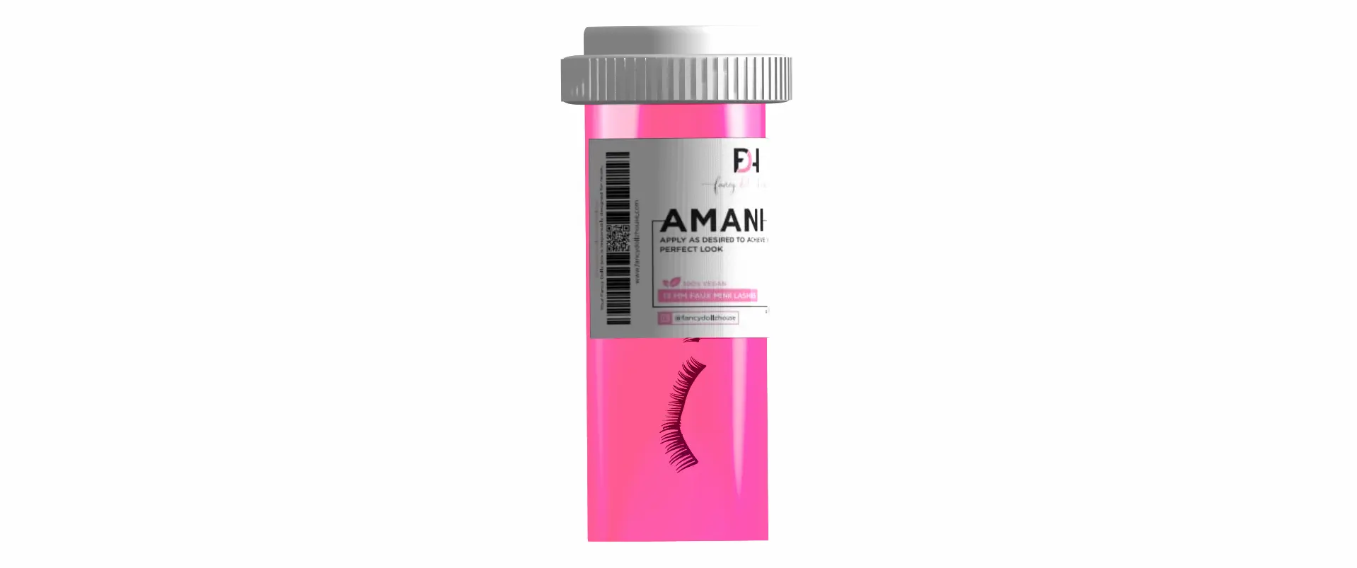 Bright pink cosmetic container labeled 'AMANI' with image of a false eyelash and information about vegan 12 mm faux mink lashes.