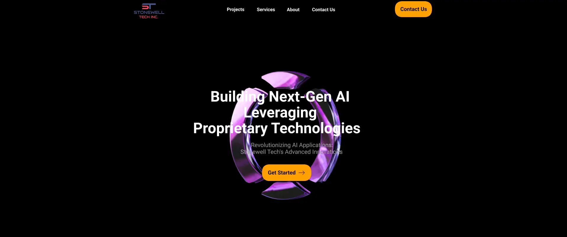 Homepage banner of Stonewell Tech Inc. with purple circular abstract graphic and text 'Building Next-Gen AI Leveraging Proprietary Technologies' on black background.