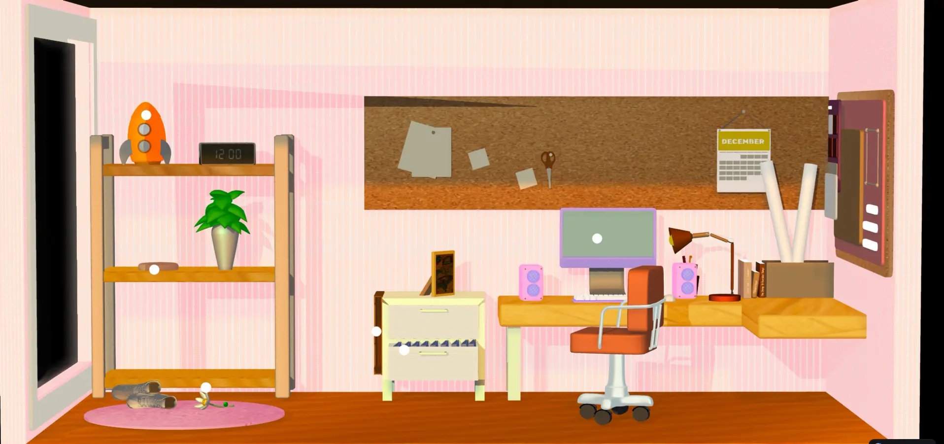 A digital illustration of a cozy pink home office with a wooden desk, computer, red office chair, shelving unit with plant and rocket model, corkboard with pinned notes, a calendar showing December, and a pink rug with shoes on the floor.