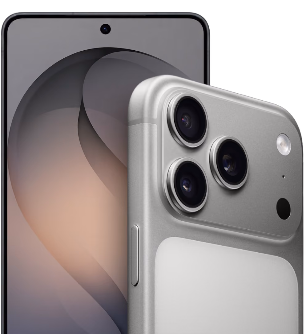 Smartphone showing front display and silver back with triple camera lenses and flash.