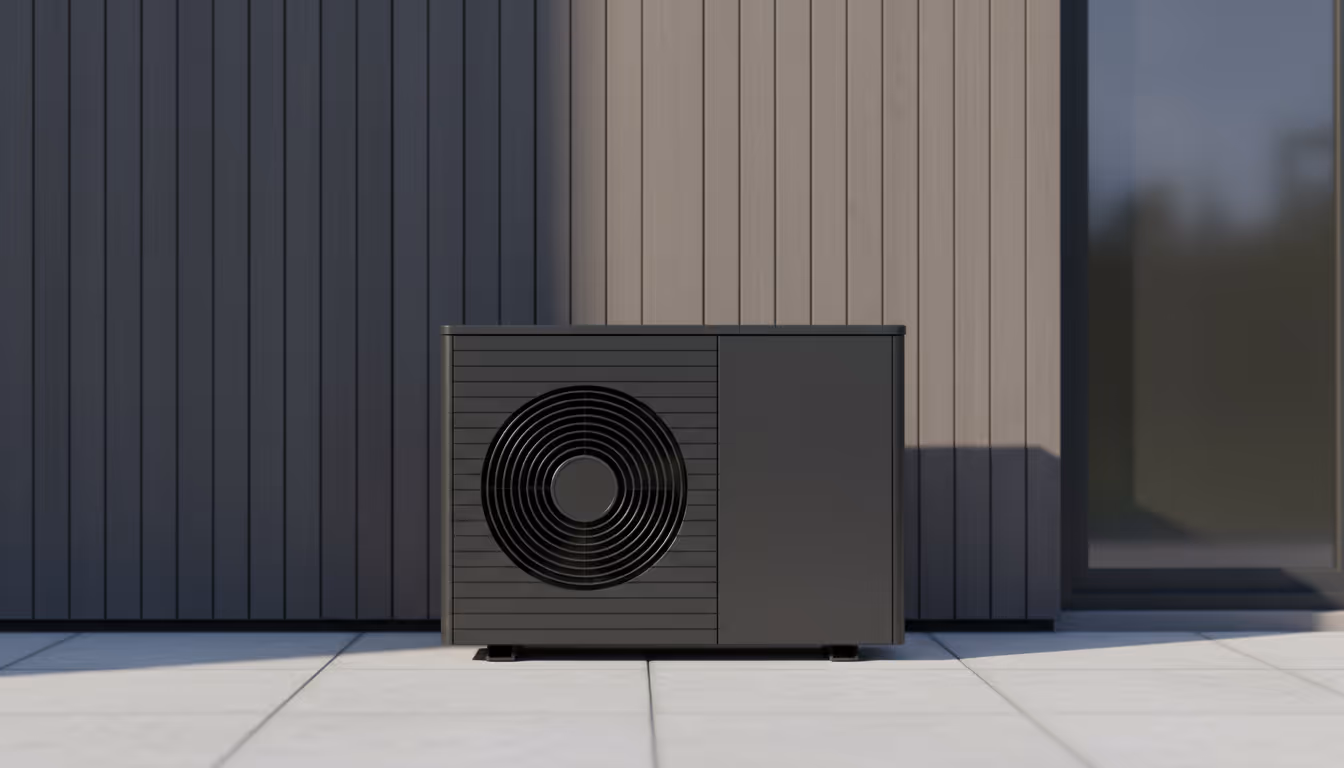 Modern schwarze Wärmepumpe an einer Hauswand mit vertikalen Holzpaneelen installiert.