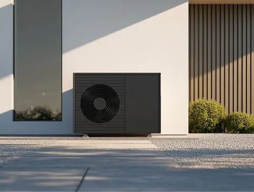 Moderne schwarze Wärmepumpe an der weißen Hauswand neben einem Fenster und dekorativen Sträuchern.