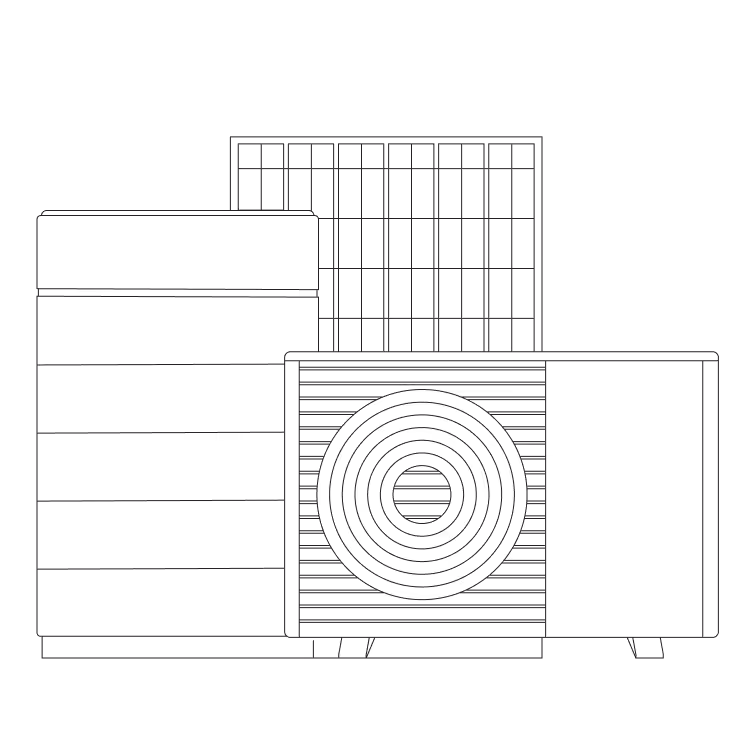 Technische Linienzeichnung eines Systems mit einem großen rechteckigen Komponentengehäuse, einem weiteren rechteckigen Element mit einem großen zentralen kreisförmigen Lüfter oder Ventilator und einem hohen, schmalen rechteckigen Bauteil mit Gitternetzstruktur im Hintergrund.