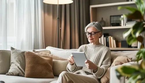 Ältere Frau mit grauen Haaren und Brille sitzt auf einem Sofa und liest auf einem Tablet.