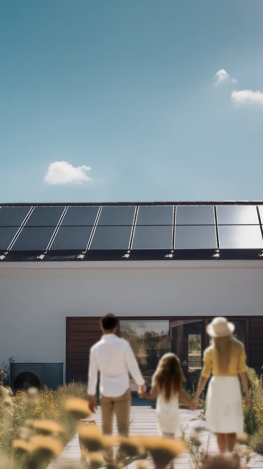 Familie mit Kind, die zu einem Haus mit Solarpaneelen auf dem Dach geht.