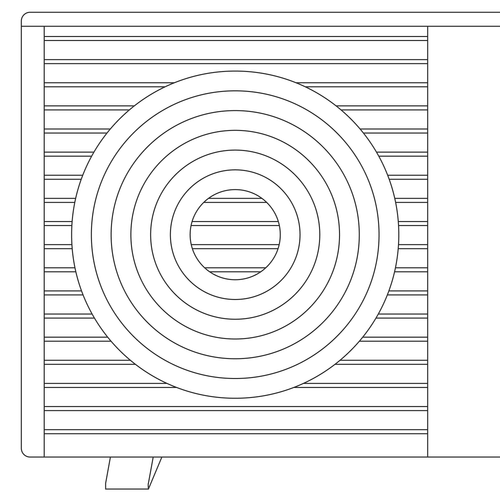 Front view of a heat pump unit with circular grille and fins.