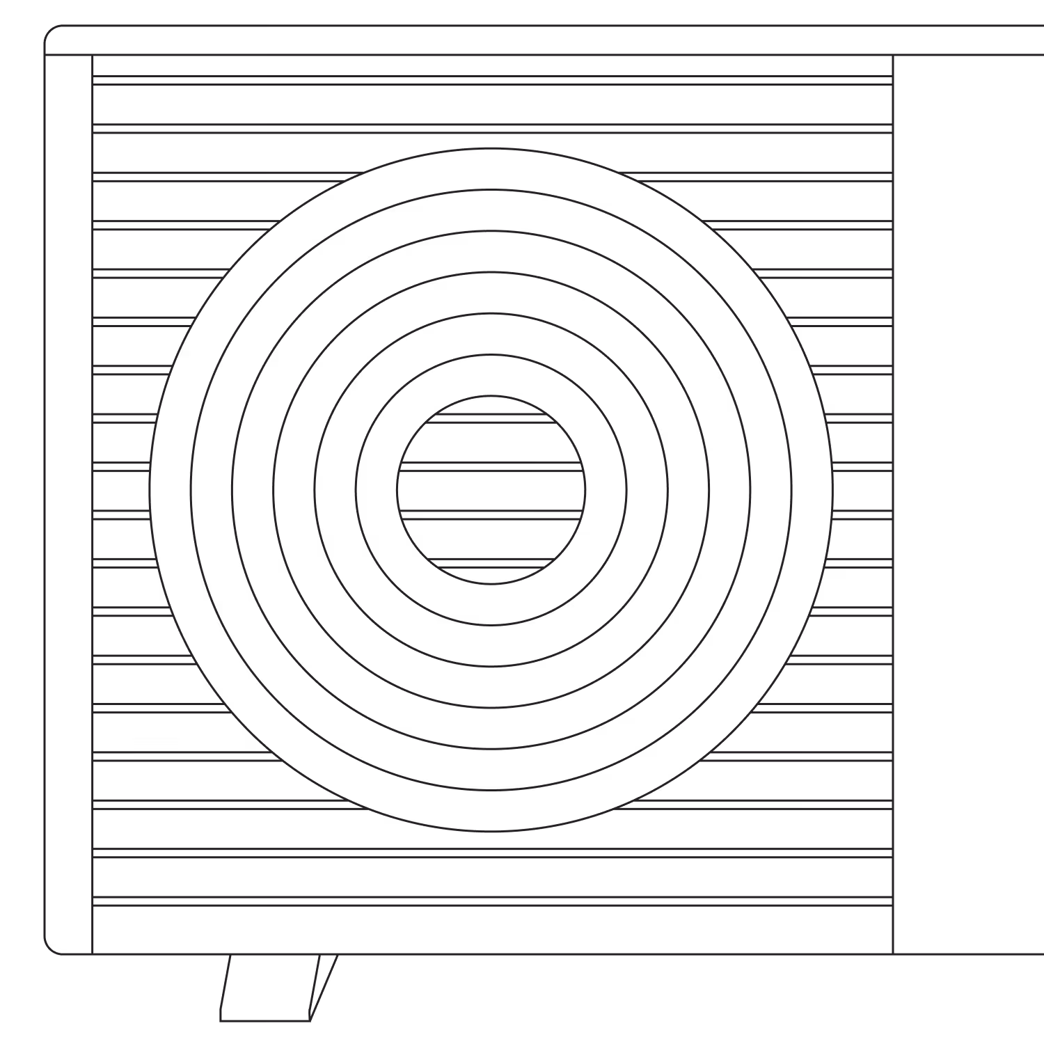 Front view of a heat pump unit with circular grille and fins.