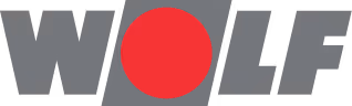 Logo der Marke Wolf mit grauen Buchstaben und einem roten Kreis als Buchstabe O.