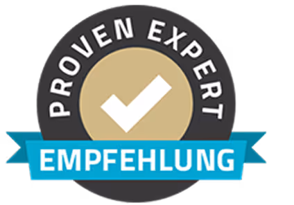 Siegel mit dem Text 'Proven Expert' und 'Empfehlung' mit einem Häkchen in der Mitte.