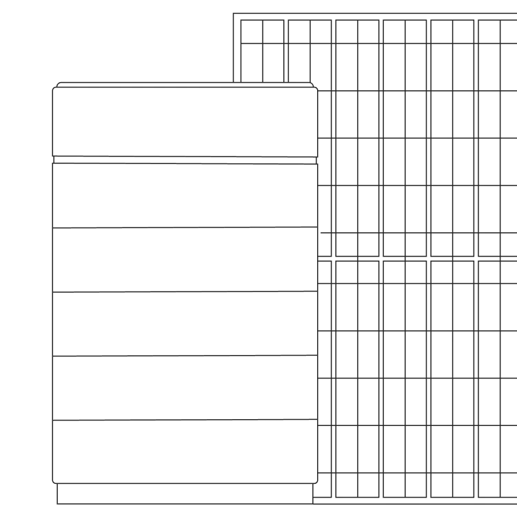 Diagramm eines linearen Solarmoduls mit Beschriftungen der Teile: Glas, Zellen, EVA, Rückseitenfolie, Rahmen und Anschlussdose.