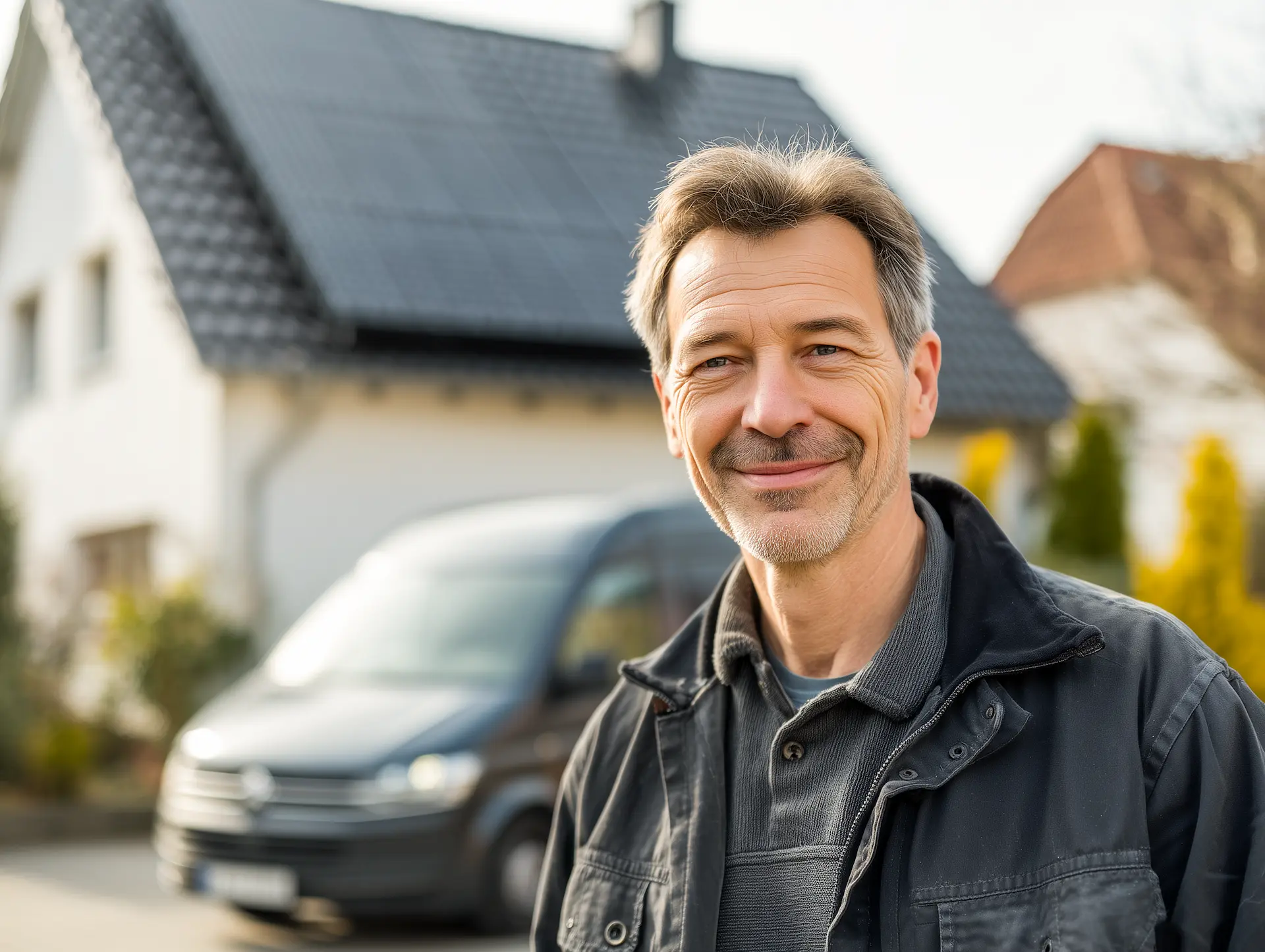 Mann mittleren Alters lächelt vor einem Haus mit Solarpaneelen auf dem Dach und einem schwarzen Van im Hintergrund.
