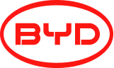 BYD Firmenlogo in roter Schrift in einem roten ovalen Rahmen.