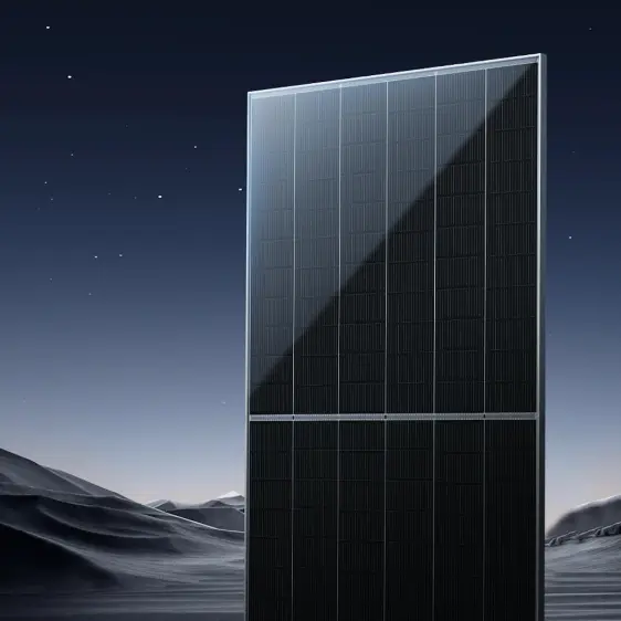 Solarmodul mit reflektierender Oberfläche vor einem nächtlichen Hügelpanorama mit Sternenhimmel.