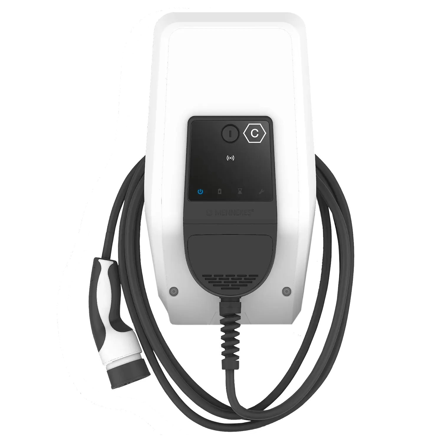 Weiße Wallbox-Ladestation für Elektrofahrzeuge mit schwarzem Bedienfeld und aufgerolltem Ladekabel.