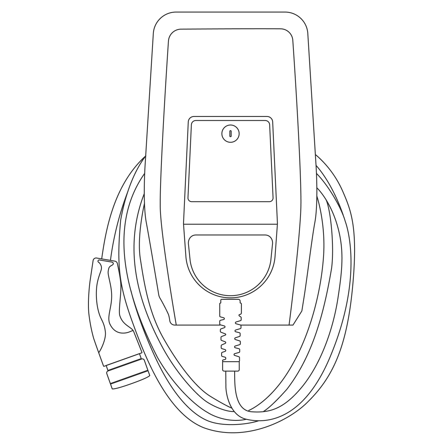 Skizze einer Wandladestation für Elektroautos mit aufgerolltem Ladekabel.