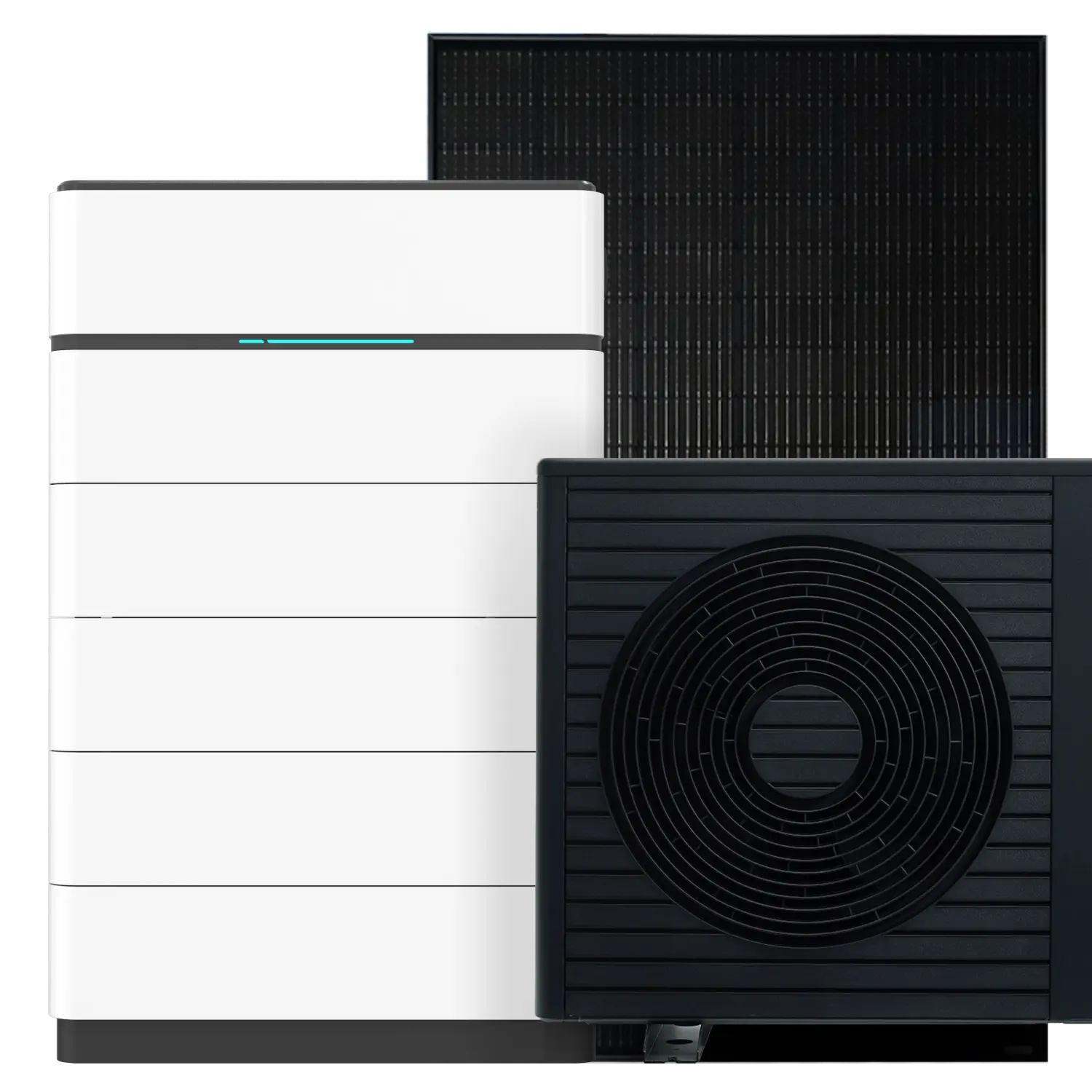 Modernes Energiesystem mit weißer Batteriespeichereinheit, schwarzem Lüftermodul und Solarpanel im Hintergrund.